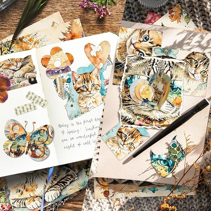 12 Sheets Vintage Cottagecore Watercolor Cat Scrapbook Paper Pack 6" x 6" – Floral Aesthetic Decoupage Craft Paper for Junk Journals, Card Making, Collage, DIY Art Supplies