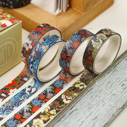 10 Rolls Ukiyo-e Style Washi Tape Set Japanese Kyoto Arts Adhesive Tapes Skinny Decorative Masking Tape Sets for Craft, Kids, Scrapbook, DIY, Gift Wrapping (Edo Elegance)
