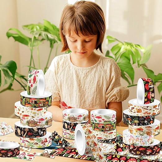 12 Pcs Mushroom Washi Tape White and Black Halloween Masking Tape Ghosts Pumpkins Bats Pattern Decorative Paper Sticker for Halloween Party Holiday Scrapbook DIY Craft Gift Wrapping Handbook Sticker