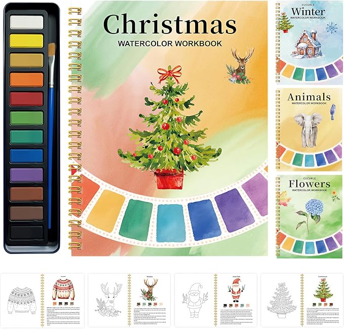 Beginner Watercolor Workbook with 12 Colors - Watercolor Paint Book & Art Gift for Beginners and Adults (Christmas)