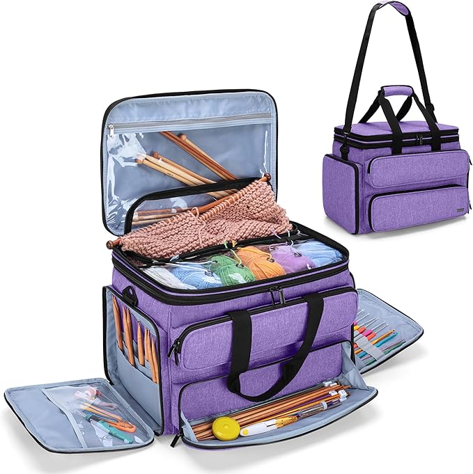 Yarwo Knitting Yarn Bag, Portable Crochet Storage Tote with Double Top Cover and Yarn Holes for Knitting Needles(Up to 14”), Unfinished Projects and Skeins of Yarn, Purple