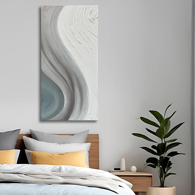 Art Hand-Painted White and Grey Gradient Texture Abstract Oil Painting, 48x24-inch Vertical Canvas Painting, Home and Office Wall Decoration Art