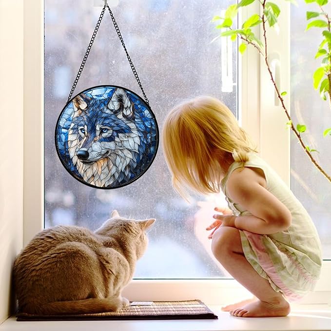 Stained Glass Window Hanging - Funny Wolf Suncatcher Ready to Hang Window Doors Home Decoration and Christmas, Mother's Day Birthday Gifts for Women, Men, and Mom 7.8x7.8 in