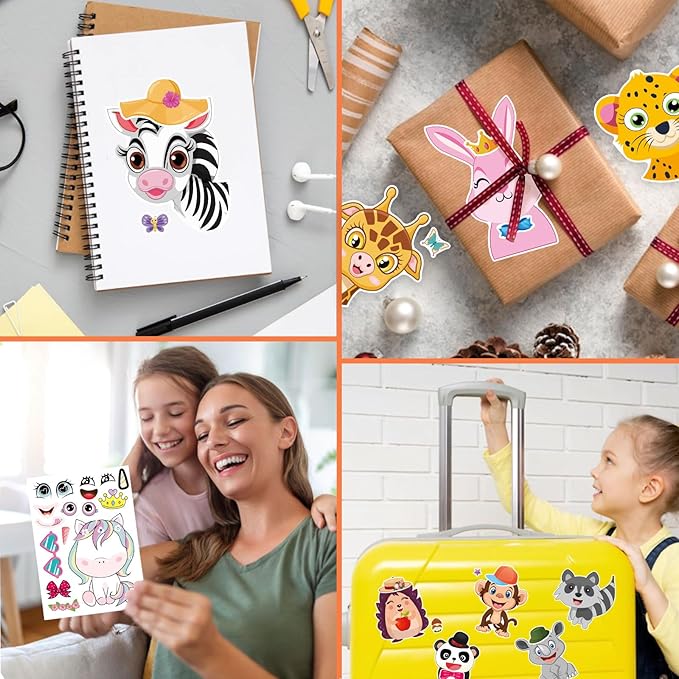 48 PCS Make a Face Stickers Sheets for Kids, Make Your Own Animal Mix and Match Stickers Sheets, Cute Animal Sticker for Birthday Party Favors Supplies Teacher Reward