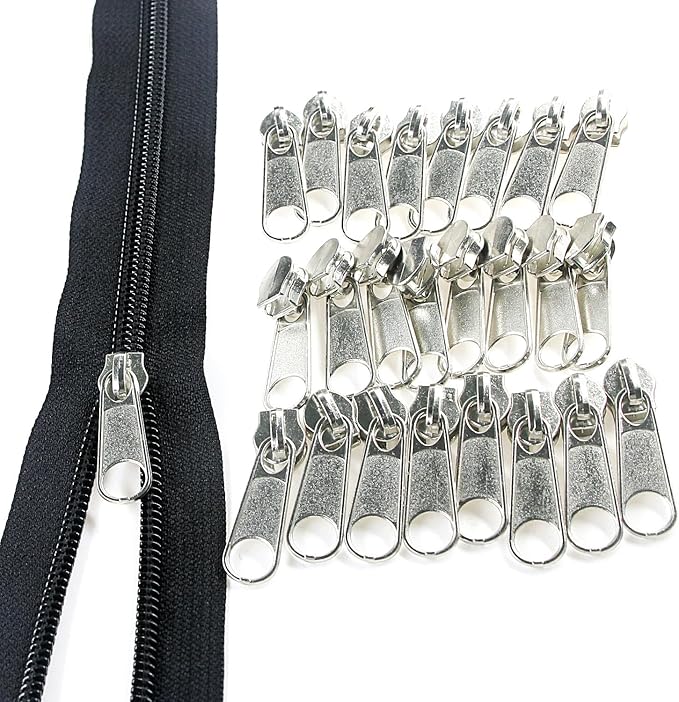 Leekayer #3 Black Nylon Coil Zippers by The Yard Bulk 10 Yards with 25pcs Silver Sliders for DIY Sewing Tailor Craft Bag(Black)