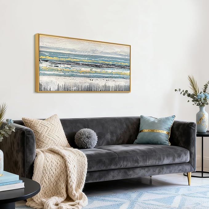 Large 100% Handmade Abstract Oil Painting with Frame Modern Original Hand Painted Blue Ocean Wall Art Modern White Gold Pictures Minimalist Artwork for Living Room Bedroom Office Dining Room 48x24in