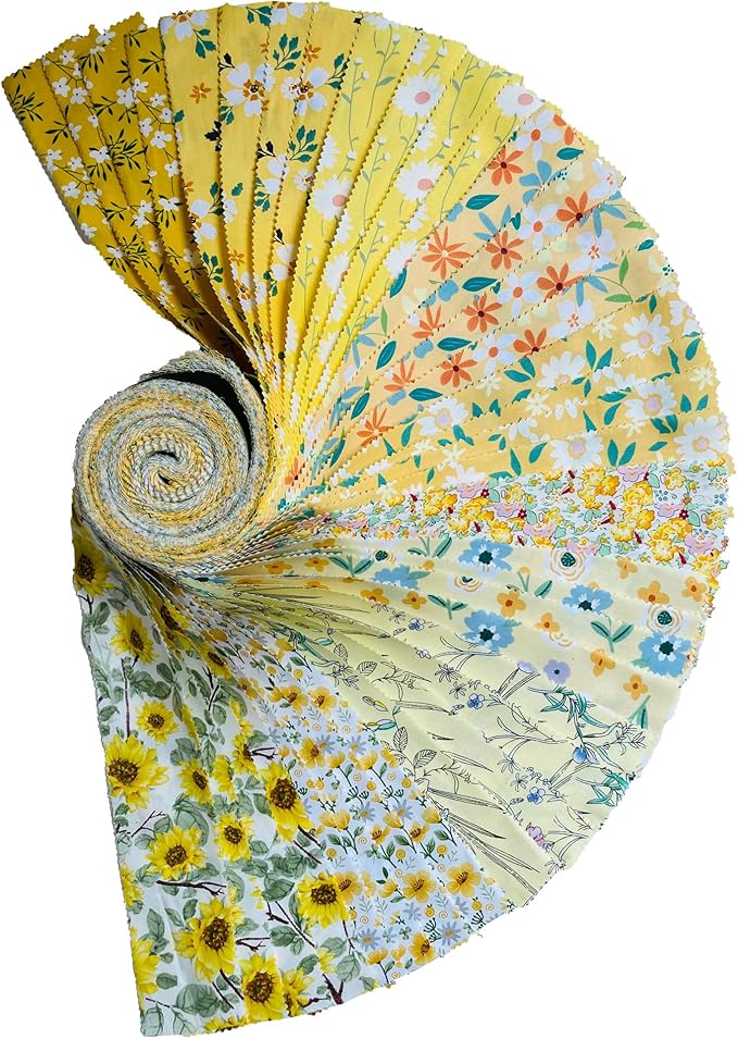 Jelly Roll Fabric 100% Cotton Quilting Fabric, 40 Pre-Cut Strips (2.5 x 44 Inch) for Quilting and Sewing - 10 Assorted Floral Prints-Yellow Floral