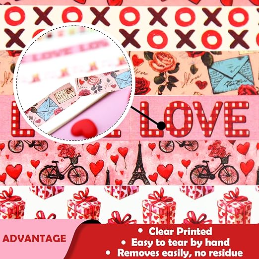 12 Rolls Valentine's Day Washi Tape Set, Pink & Red Hearts Decorative Tape Love Letters Roses Masking Tape for Journaling Supplies, Junk Journal, Scrapbooking, DIY Arts & Crafts, Gift Wrapping