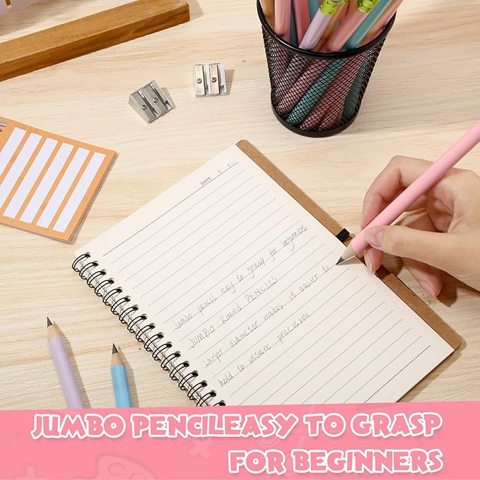Fainne 102 Pcs Bulk Thick Jumbo Graphite Pencils Set 96 Fat Giant Large Pencils and 6 Sharpeners Enhanced Grip for Art Drafting Writing Drawing Office and Home Use(Macaron Colors,Round)