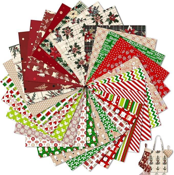 Tatuo 30 Pcs 10 x 10 Inches Christmas Cotton Fabric Bundle Squares Patchwork Floral Fabric Sewing Quilting Bundles Assorted Pattern cloth for DIY Scrapbook Craft Making