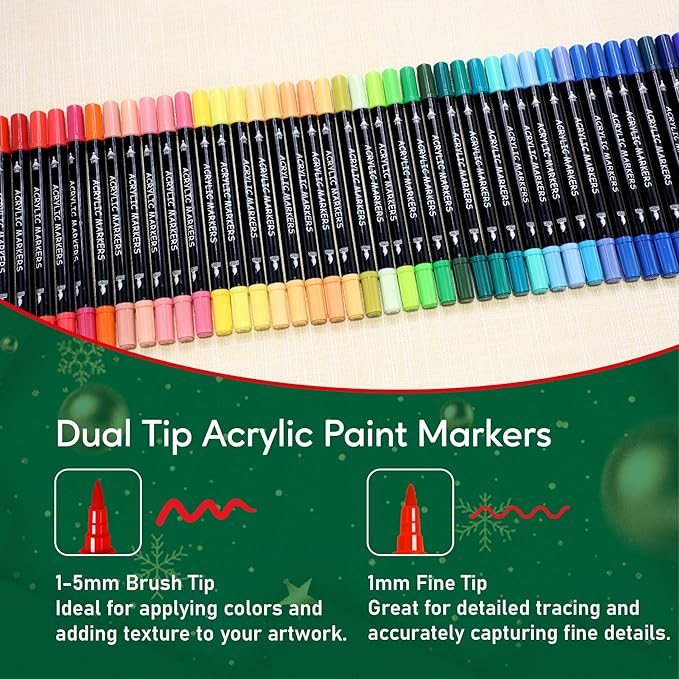 72 Colors Acrylic Paint Markers, Dual Tip with Fine Tip and Brush Tip Pens for Stone, Wood, Canvas, Glass, Ceramic, Metal, Rock, Fabric, DIY Art Projects