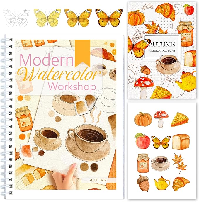 Watercolor Workbook for Beginners with Step-by-Step - 12 Watercolor Coloring Pages - 100% Cotton 300gsm/140lb Watercolor Paper - Gift for Women,Adults, Teens (Autumn)