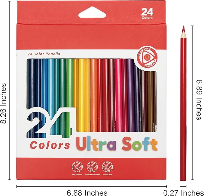 24 Colored Pencils Set – Soft Core, Pre-Sharpened, Break-Resistant – Ideal for Coloring Books, Drawing, Sketching, School Art Supplies (Classic Colors)