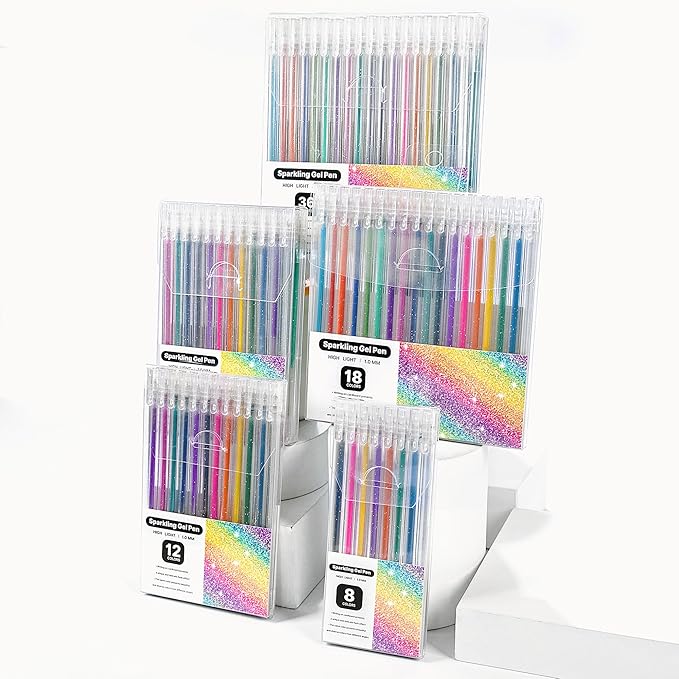 36 Colors Glitter Gel Pens for Art Supplies, Vibrant Sparkle Metallic Ink with Shimmer Effect, Fine Point Capped Set for Coloring Books, Drawing, Journaling, Note Taking and Scrapbooking