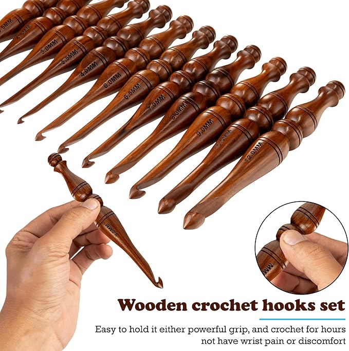 Bhartiya Handicrafts Wooden Crochet Hooks Set of 12 - Ergonomic Rosewood Knitting Needles with Engraved Design, Various Sizes (3.5mm to 12mm)