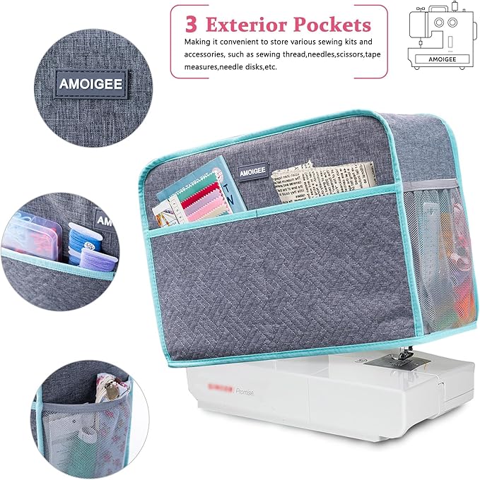 AMOIGEE Sewing Machine Cover for Brother, Singer, Janome – Quilted Dust Cover with Storage Pockets, Padded Protective Sewing Machine Case Fits Most Standard Sewing Machines (17" x 7" x 12")