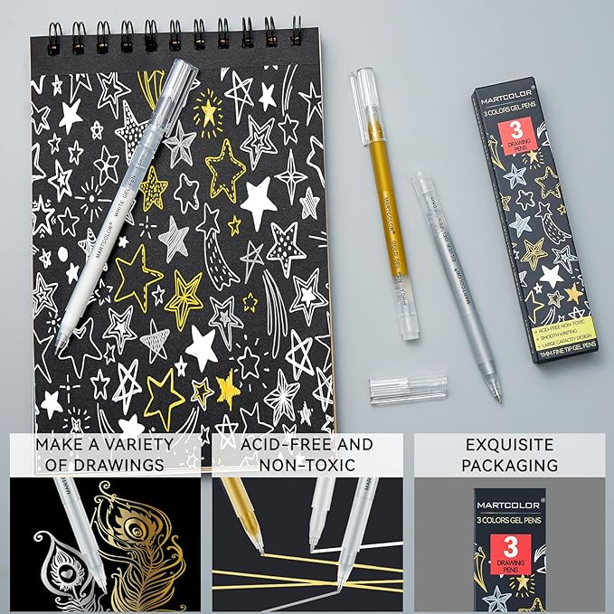 Gold Silver White Gel Pens, 1mm Fine Point Gel Ink Pen Opaque Archival Ink Pens for Black Paper Drawing, Sketching, Illustration, Card Making, Bullet Journaling, 3 Pack