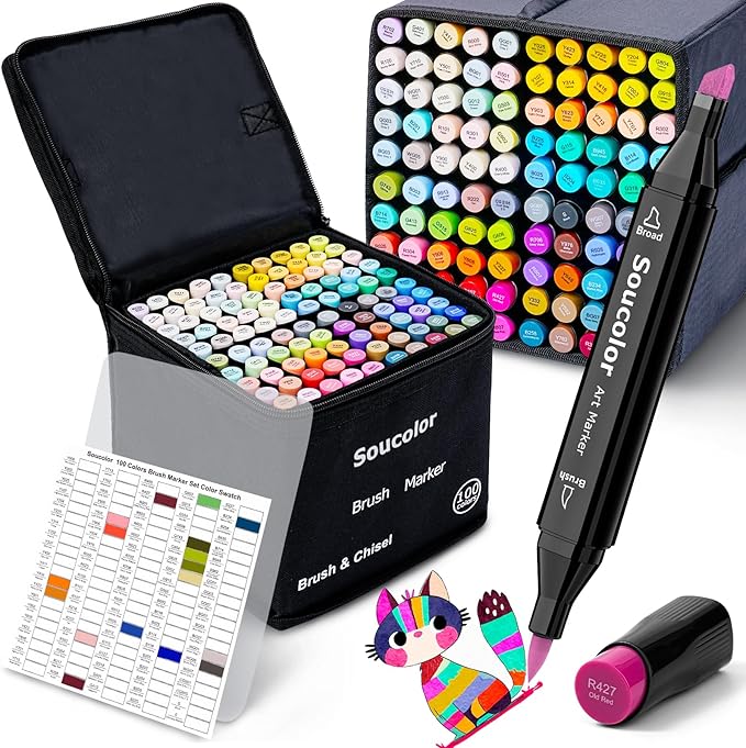 Soucolor Alcohol Markers Set, 100 Colors Dual Tip Brush Art Alcohol Markers, School Office Teacher Supplies for Kids and Adults Coloring Drawing Sketching Book Painting Card Making Illustration
