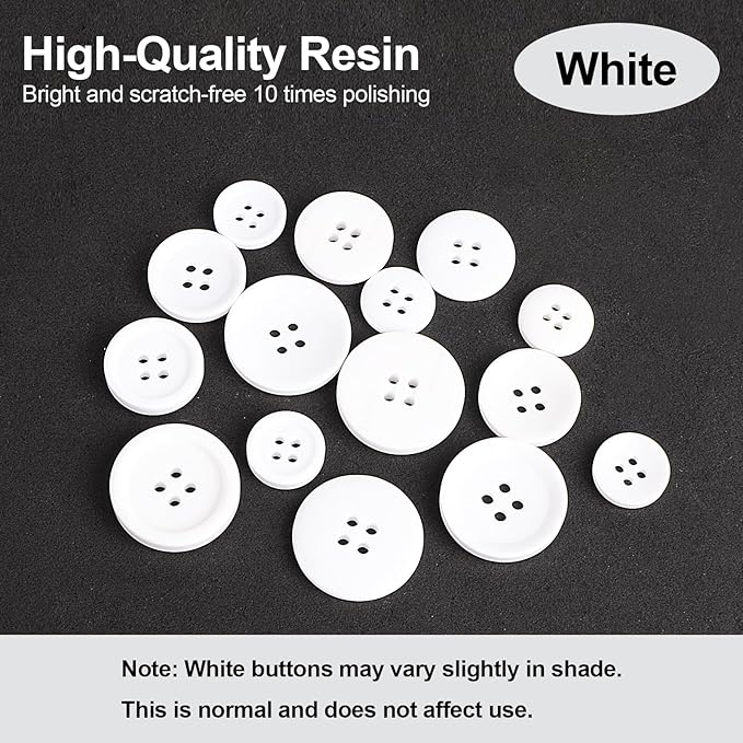 110Pcs White Mixed Sewing Buttons, 4-Hole Craft Round Blazer Buttons, 5 Color 3 Size (15mm, 20mm, 25mm) Suit Coats Resin Button, Suitable for Variety Clothing Sewing, DIY Craft (White)
