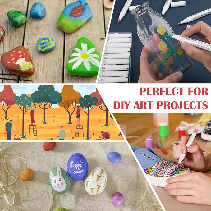 48 Colors Acrylic Paint Markers, Dual Tip Round and Brush Tips for Detailed Art, Crafting, Rock Painting, Wood, Glass, Ceramic