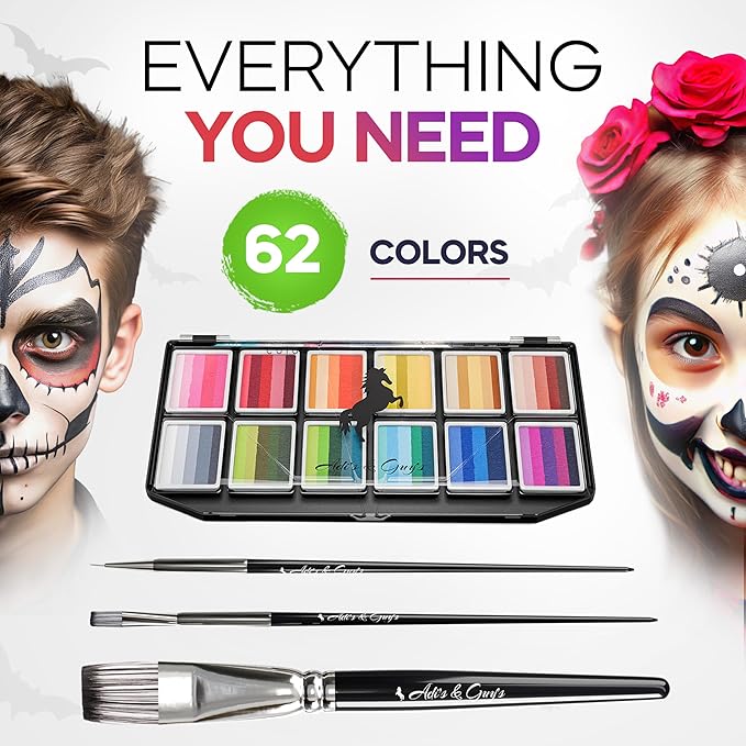 Face Paint Kit for Kids – Twin Palette with 12 Split Cake Colors, 3 Brushes & 5 Reusable Stencils – Non-Toxic, Paraben-Free, Easy to Use & Wash Off – Ideal for Parties, Halloween & Playtime.