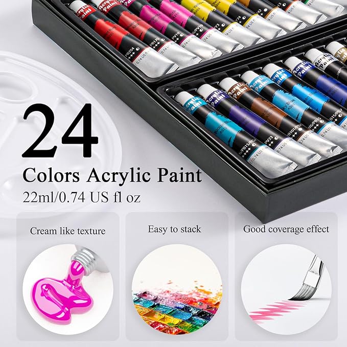 Acrylic Art Set, Painting Supplies Kits with 24 Acrylic Paints(22ml), 8 Brushes,1 Wooden Easel,1 Palette etc, Paint Kit for Kids,Adults and Artists