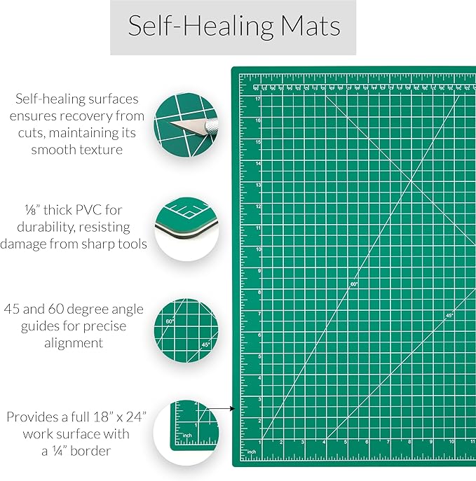 WA Portman Self Healing Cutting Mat & Rotary Cutter for Fabric Set – 18x24 Sewing Cutting Mats for Crafts with 45mm Fabric Cutter Wheel & 5 Rotary Blades – Quilting & Sewing Supplies Kit