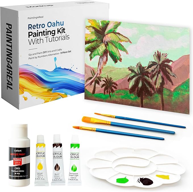 Painting4Real DIY Art Painting Kit for Adults – Learn to Paint Retro Oahu with Video Tutorials – 9 Pieces Acrylic Paint Set for Adults –Perfect Christmas Crafts & Holiday Gifts for Art Lovers