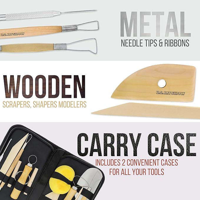 U.S. Art Supply Pottery & Clay Tools Sets (26-Piece) - 12 and 14-Piece Set Include Pottery Tools, Canvas Case for Sculpting, Ceramics, and Easy Storage & Transport