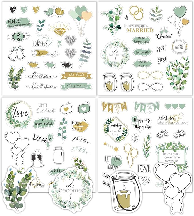 4Sheets Green Wedding Celebration Stickers for Bridal Scrapbooking, Pastel Watercolor Self-Adhesive Waterproof Wedding Stickers for Letters,Envelopes,Bridal Shower,Anniversary Invitations,Guestbook