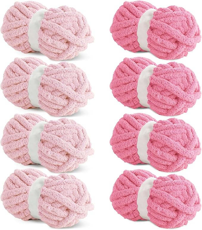 HOMBYS 8 Pack Assorted Chunky Yarn for Crocheting,Super Bulky Large Soft Fluffy Yarn,Plush Fuzzy Yarn,Thick Chenille Yarn for Hand Knitting/Arm Knitting,4 Pink,4 Rose Red(27yds,8 oz Each Skein)