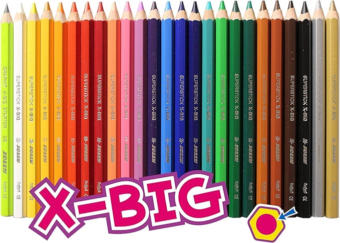 Jolly X-Big Jumbo Colored Pencils Perfect for Special Needs Art Therapy and Early Learners; 24 Multicolor Pencils With 6 Neon Highlighter Pencils; Set of 30