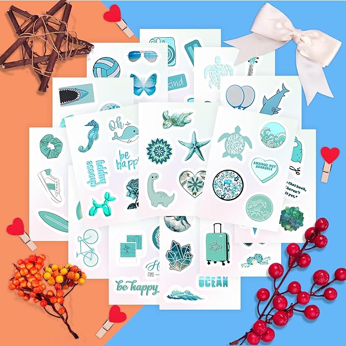 BulbaCraft 100Pcs Teal Stickers, Blue Stickers for Water Bottle and Laptop - Teal Party Supplies & Decorations, Waterproof Vinyl Decals, Gifts for Women & Men