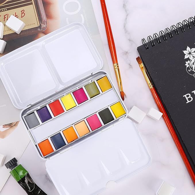 MyArTool Empty Watercolor Palette, Empty Watercolor Tin Box Palette Paint Case, Foldable Watercolor Paint Palette with 12 Empty Half Pans for Watercolor and Acrylic Painting