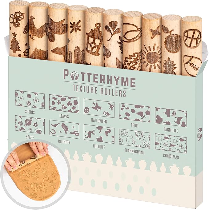 10pcs Wooden Clay Texture Rollers Set for Pottery & Ceramics - Holiday Patterns - Potters Stamp Roller Tools for Ceramic Slabs - Textured Rolling Modeling Pins (SEASONAL - 0.6" Thickness)
