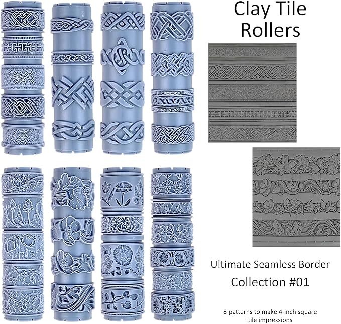 Ultimate Seamless Border 8-Set Clay Texture Rollers (4") - Seamless Border Set #01 - Embossing Pattern Rollers for Polymer & Ceramic Clay, Pottery & Crafts