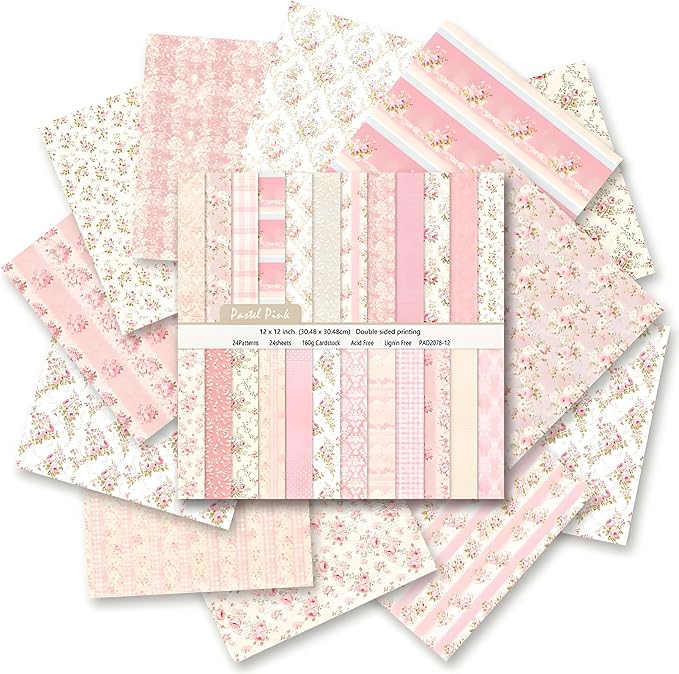 VIVIQUEN 24 Pack Pink Floral Double-Sided Paper, 12-inches Vintage Flowers Scrapbook Specialty Craft Paper Folded Flat for DIY Background Card Art Craft Making Scrapbook Photo Album Decor