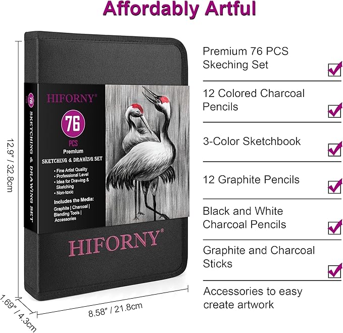 HIFORNY 76 PCS Drawing Set Sketching Kit,Sketch Pencils Art Supplies with Graphite,Charcoal,Blending Tools & Accessories,Portable Zippered Travel Case for Artists & Beginners