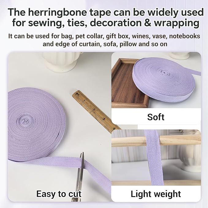Lavender Twill Tape Ribbon 3/4 Inch - 40 Yards Light Herringbone Cotton Webbing Straps- Bias Binding Tape for Sewing, Ties, Tags, DIY Projects, Hoodie, Gift Wrapping and Home Decor