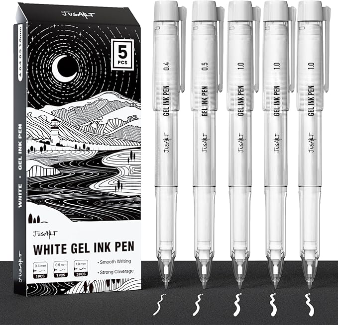 JusArt White Gel Pens with 0.4mm, 0.5mm & 1.0mm Assorted Tips, Opaque White Ink Pens for Black Paper, Drawing, Journaling & DIY Crafts, Ideal Drawing Pens for Artists & Art Supplies, 5 Pack