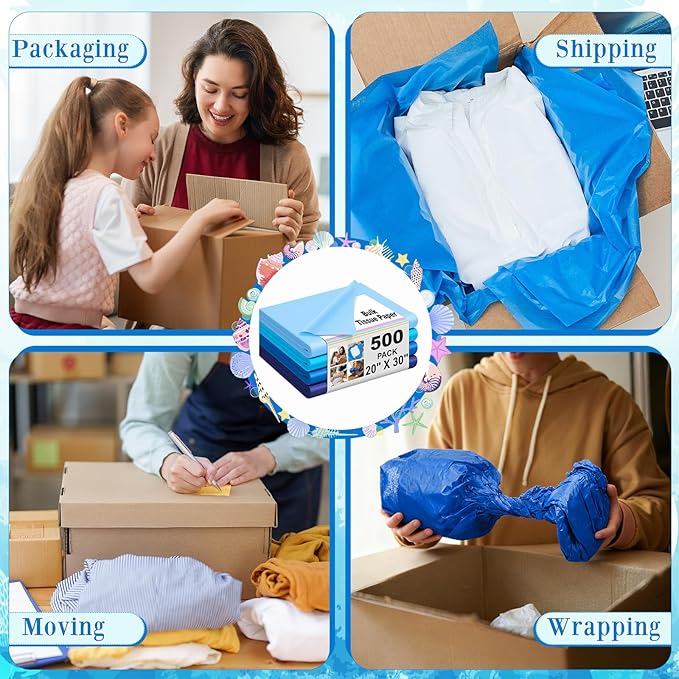 Qilery 500 Sheets Blue Tissue Paper Bulk for Gift Bags 20 x 30 Inch Acid Free Wrapping Paper Sheets for Winter Easter Decoration DIY Crafts, Packing Supplies for Moving, Wedding Party, DIY Flowers