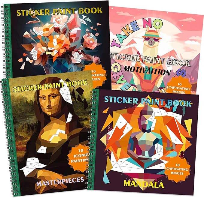 BulbaCraft 4Pcs Sticker Paint Books for Adults - Sticker Books by Number - Coloring Activity for Adults
