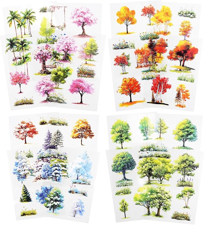 24 Sheets Seasonal Tree PET Stickers Set, Four Seasons Forest & Blossom Designs - Waterproof Pre-Cut Art for Scrapbook Journals Planners DIY Décor