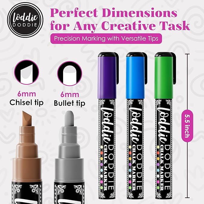 Loddie Doddie Metallic Liquid Chalk Markers - Pack of 8 6mm Reversible Tips - Bold Metallic Ink & Chalk Markers for Blackboard - Easy Erase on Glass & Windows, Glass Board & Window Pens