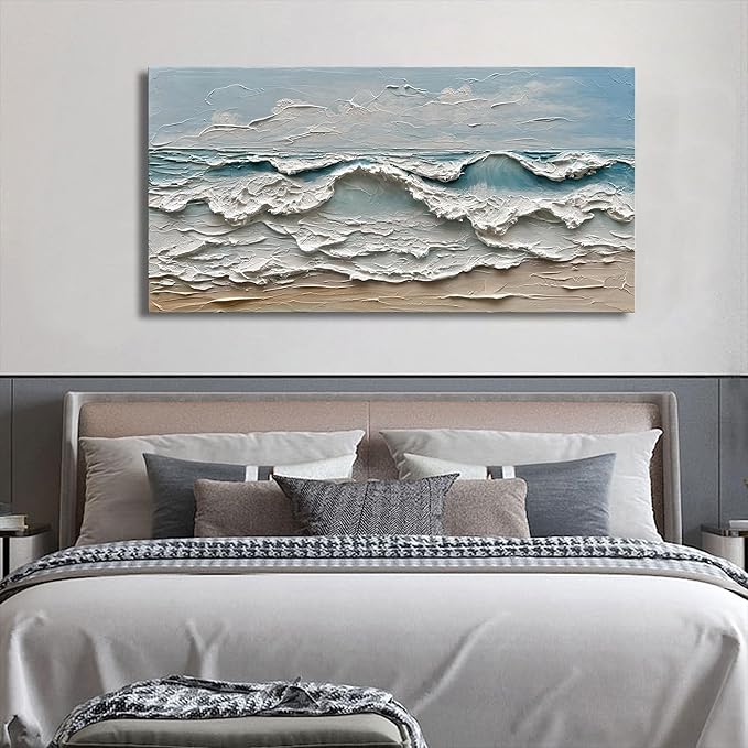 Art Hand-Painted Sea Wave Beach Landscape Oil Painting Modern Abstract Canvas Art Home Office Wall Decoration 24x48 inches