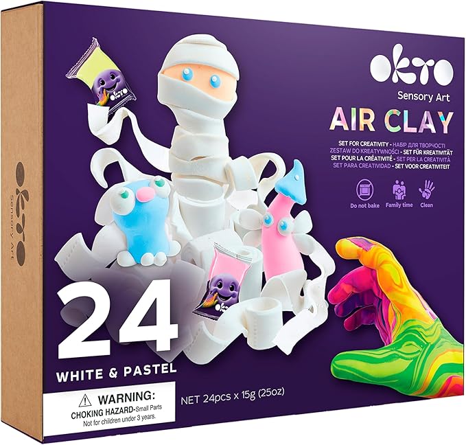Okto 24 White & Pastel Colour Set - Arts and Crafts for Kids, Modelling Clay, Air Dry Clay for Kids, Non-Sticky, Dries in 24 Hours, No Baking Required