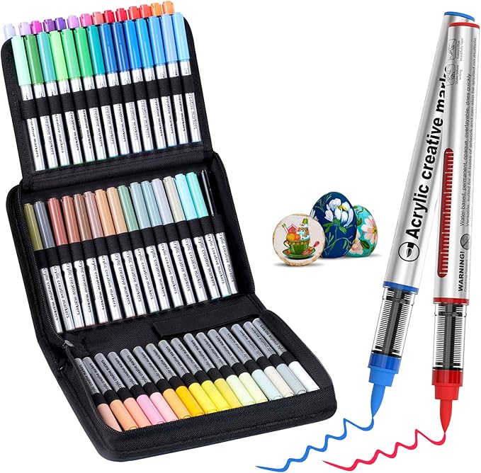 60 Color Acrylic Paint Markers Brush Tip, Waterproof, No-Bleed Ink with Automatic Ink Control, Premium Paint Pens for Rock, Wood, Canvas, Glass, Fabric for Professional and Adult Artists