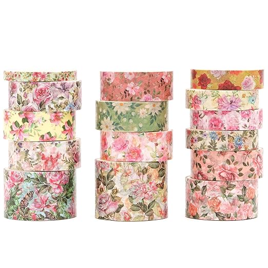 Floral Washi Tape Set - 15 Rolls Flowers Arts Adhesive Tapes Garden Blooms Decorative Masking Tape Sets for Craft, Kids, Scrapbook, DIY, Gift Wrloapping (6-Vintage Floral)