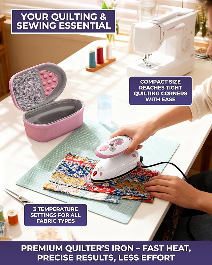 The Quilted Bear Premium Mini Steam Iron - Lightweight Mini Travel Iron for Effortless Quilting & Wrinkle-Free Clothes with Carry Case & Iron Rest Set - Travel Steamer for Clothes & Crafts (Pink)