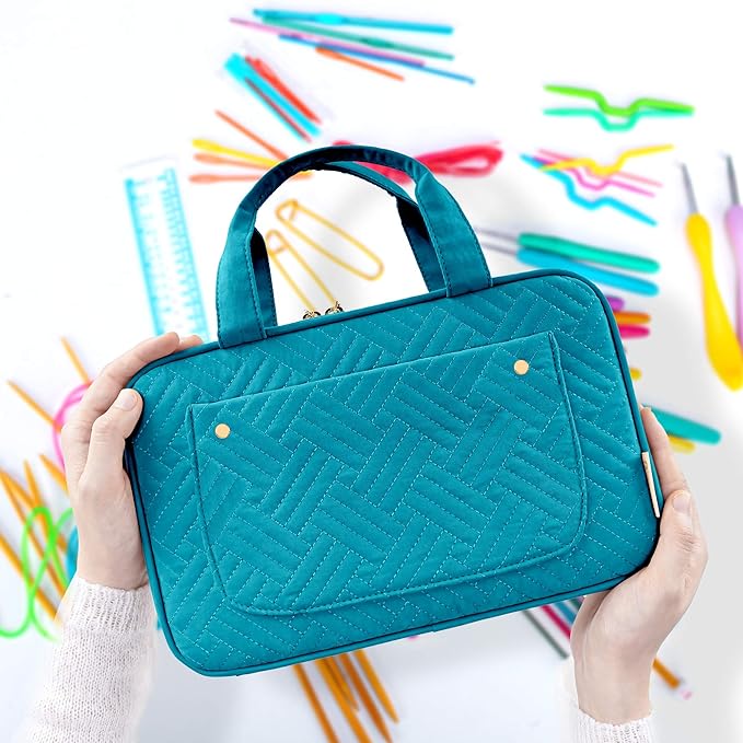 Yarwo Knitting Needles Case (up to 10.6"), Crochet Hooks Organizer with Double Handle for Circular Knitting Needles and Accessories, Teal (Bag Only)